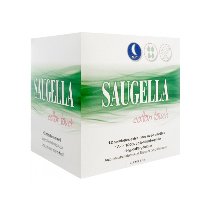 Saugella Cotton Touch Nuit Serviettes Extra-Fines avec Ailettes Boîte de 12